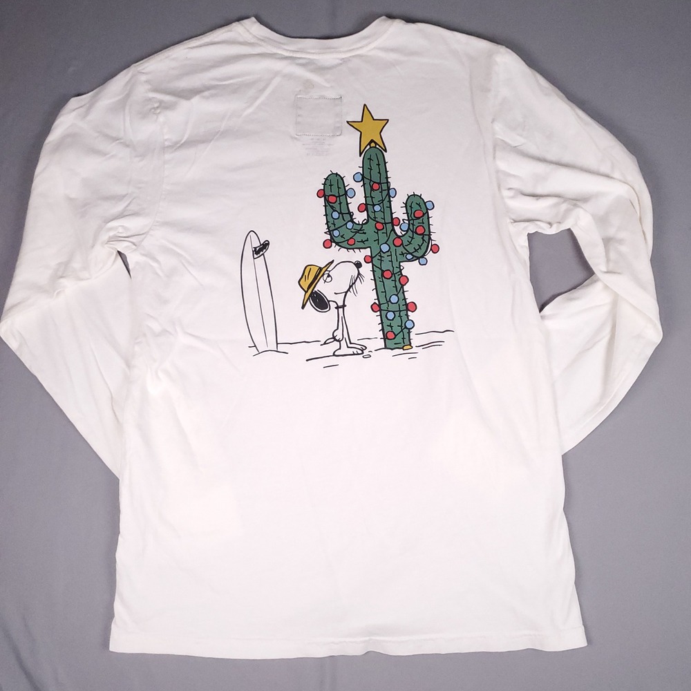 Quiksilver Peanuts Mens T Shirt M White Long Sleeve Snoopy Spike Holiday Cactus